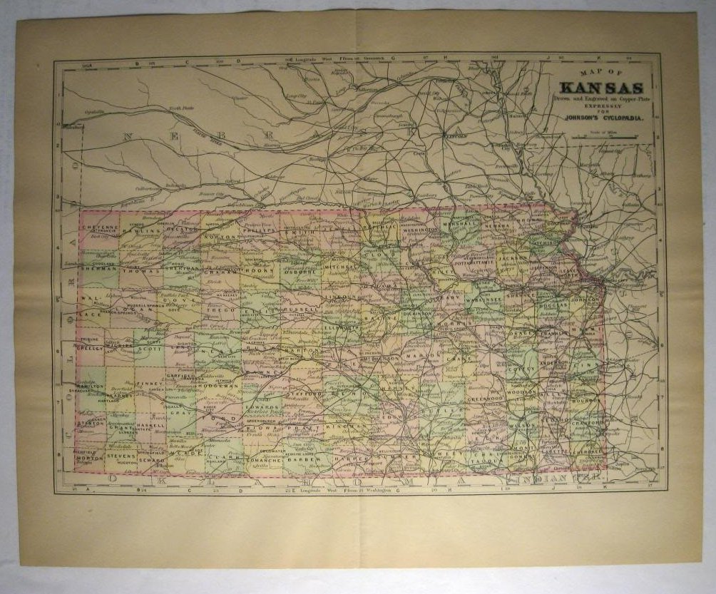 Johnson's  Map of Kansas -  Original (1897)