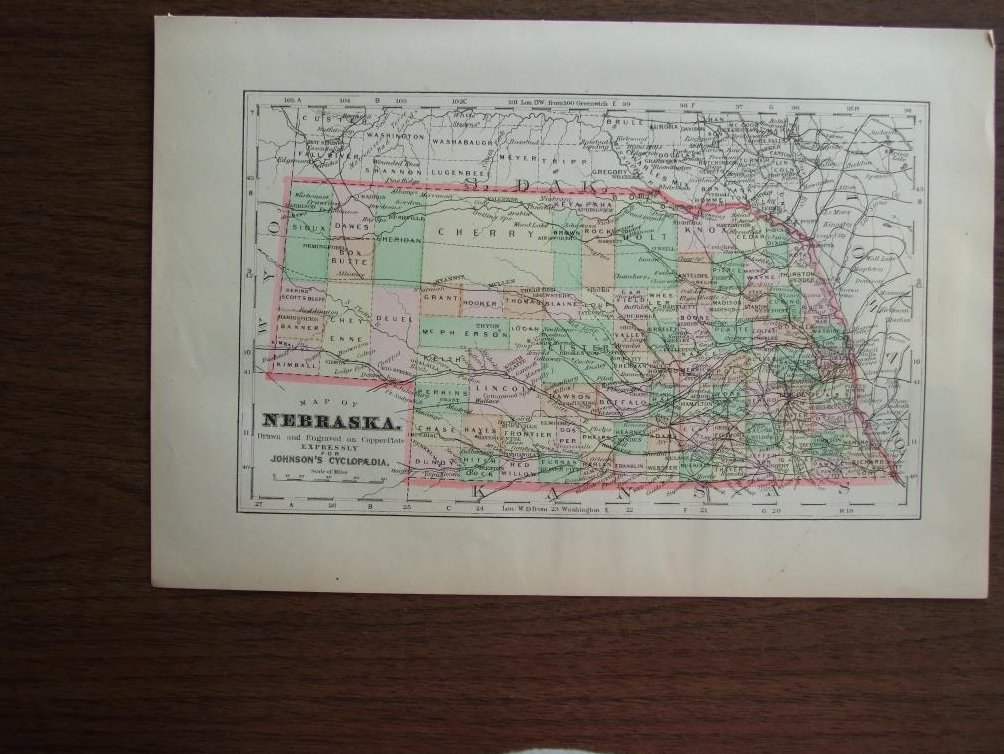 Johnson's  Map of Nebraska -  Original (1895)