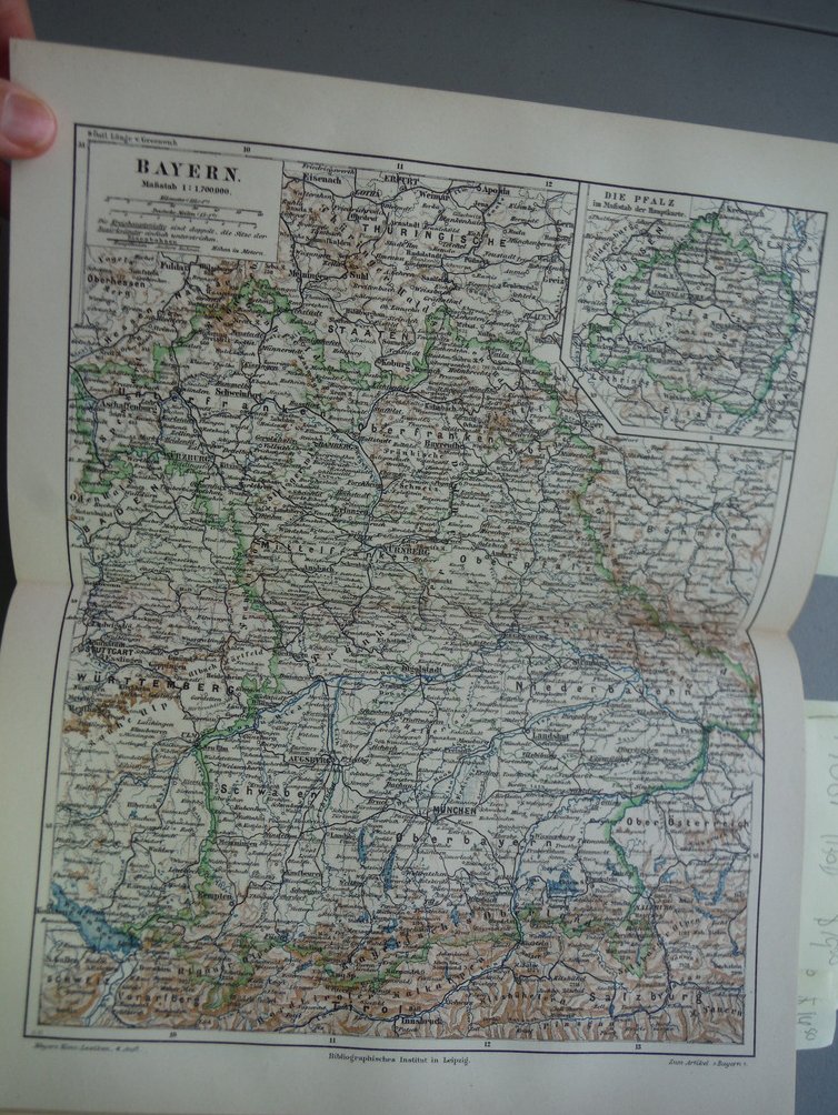 Original colored Engraving map entitled Bayern from Meyers  Konversations-Lex