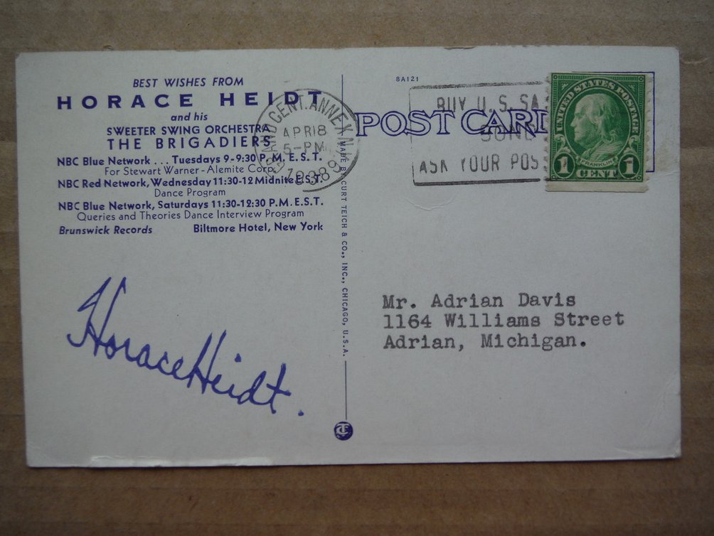 Image 0 of Horace Heidt original autographed postcard (1938)