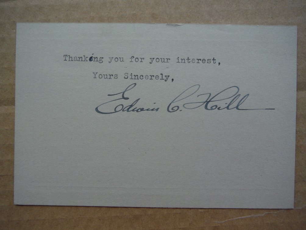 Edwin C. Hill original autograph (1933)