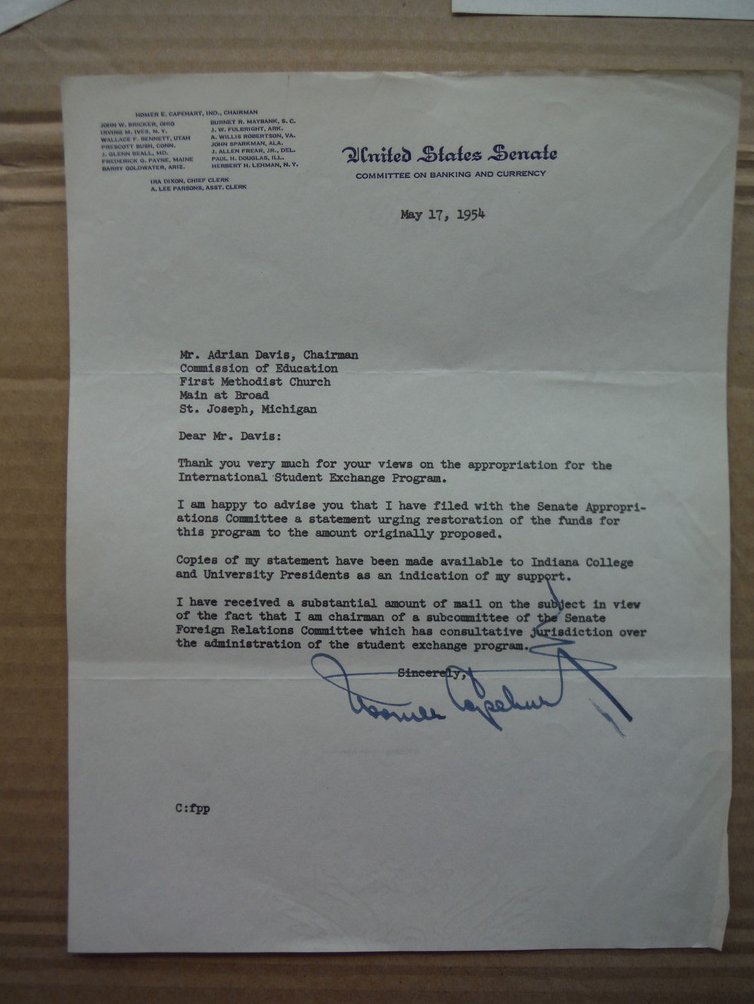 Image 0 of Senator Homer E. Capehart autographed letter (1954)