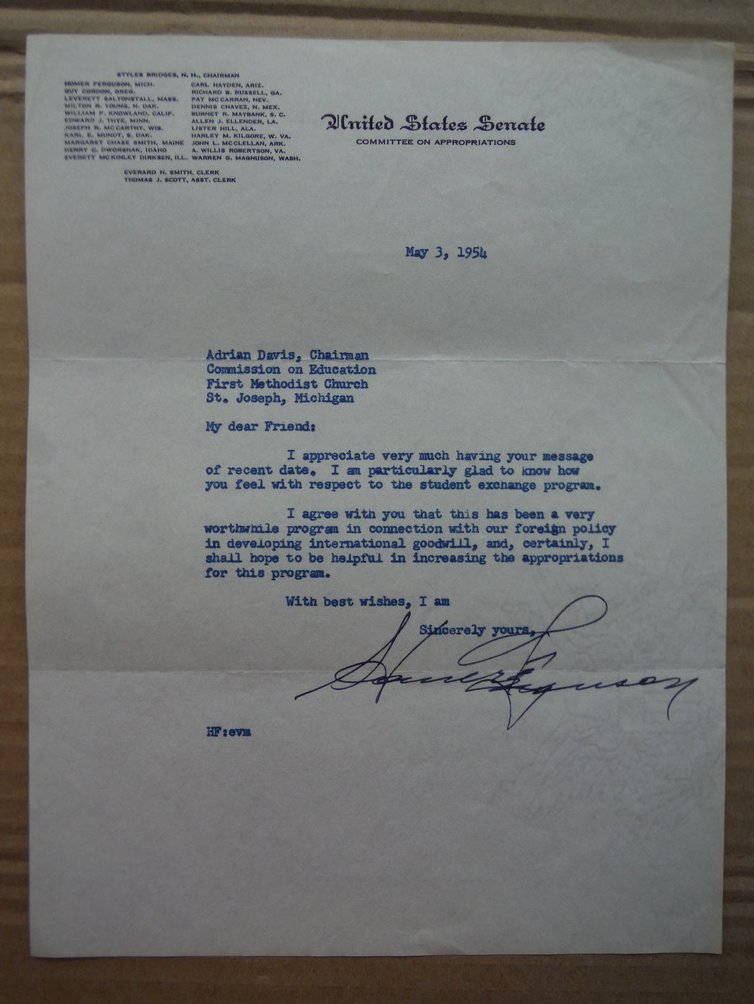 Image 0 of Senator Homer Ferguson autographed letter (1954)