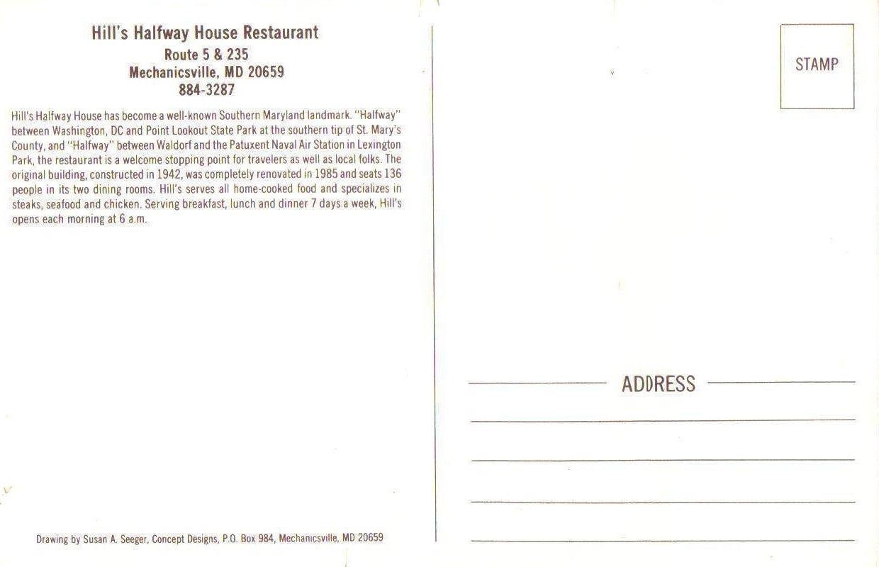 Hills Halfway House, Mechanicsville, Maryland Postcard OOS