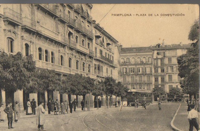 Constitution Plaza, Pamplona, Spain, Antique Postcard 1915 