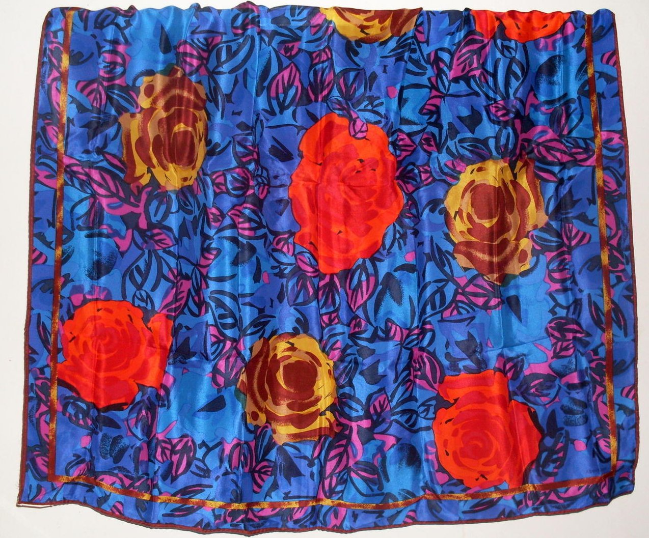 Albert Nippon Floral Print Silk Scarf Purple Blue Red Gold 