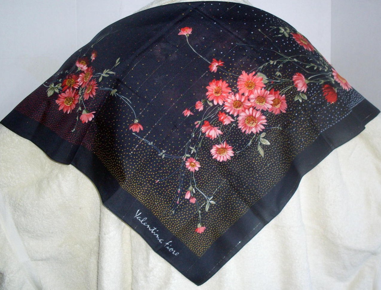 Valentina Fiore Print Silk Scarf Navy Pink Green 30 inches