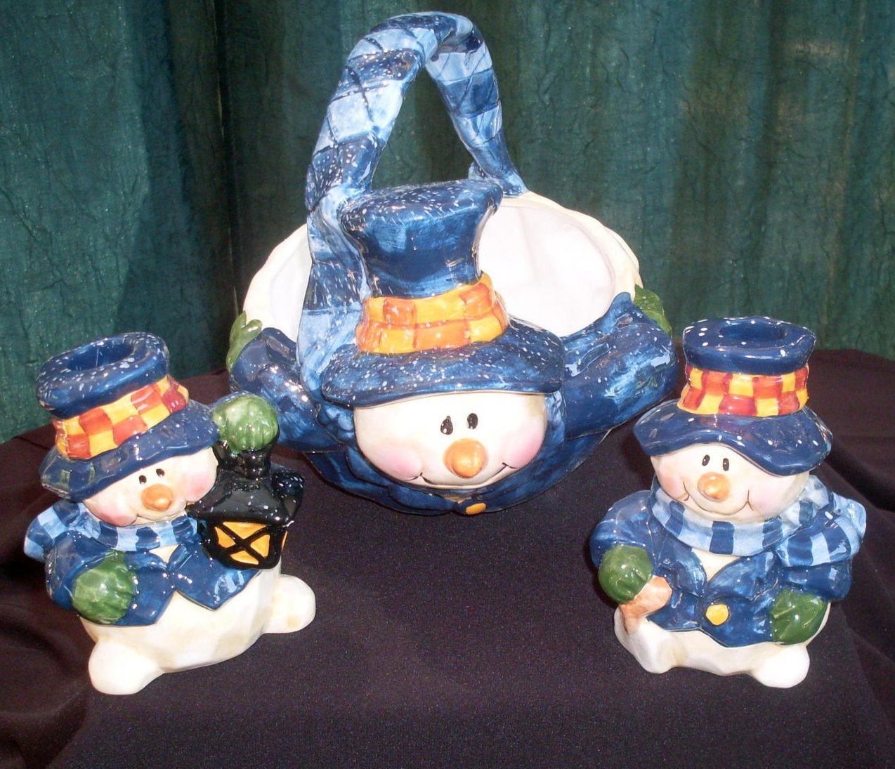 Snowman Holiday Basket Bowl and Candlesticks Centerpiece