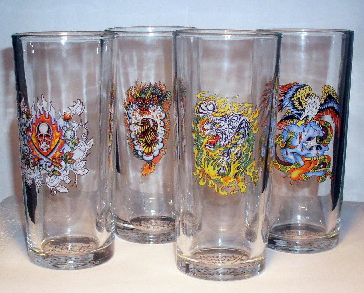 Ed Hardy Multi Skulls Highball Glass Set of 4 Tattoo Prints EH68264