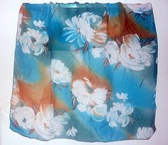 Vintage Floral Scarf Blue Turquoise White Brown Lg 35 X 36 