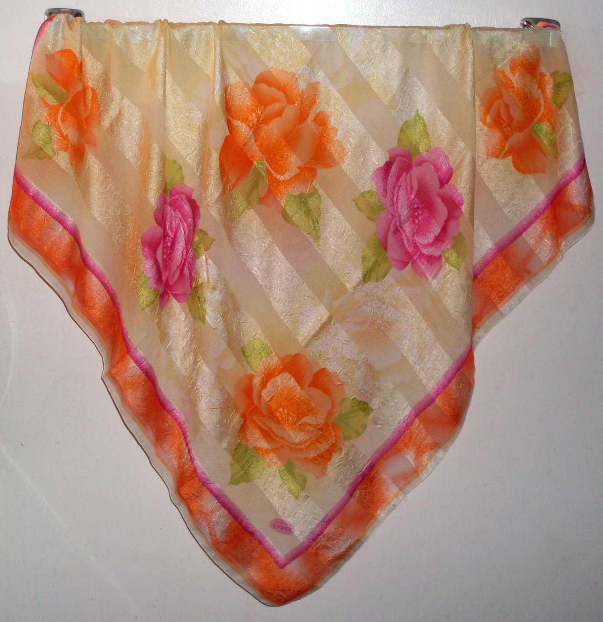 Eripek Turkish Floral Scarf Orange Yellow Pink Silk 37 X 37