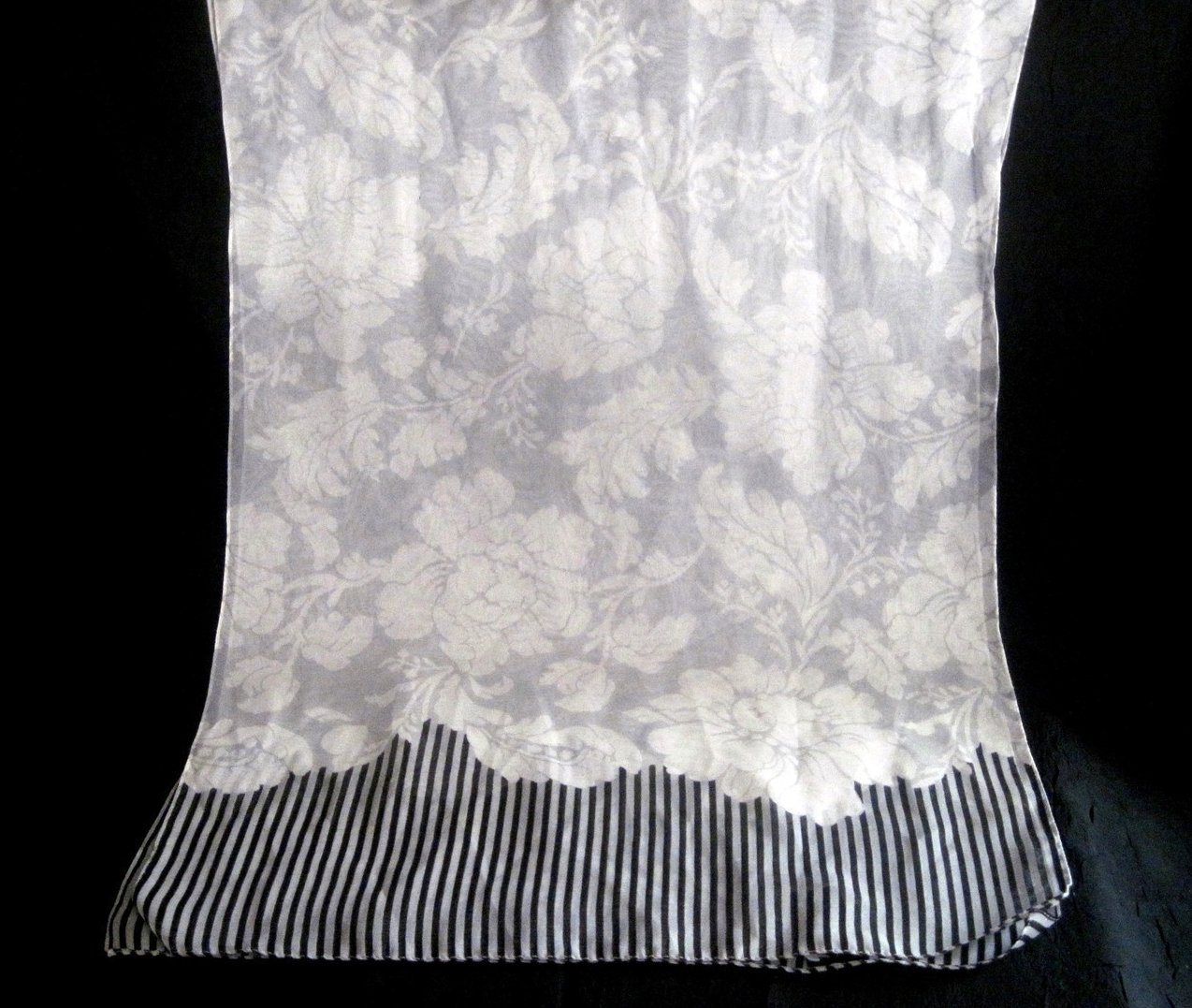 Peony Print Scarf White Gray Black 60 X 15 Semi Sheer