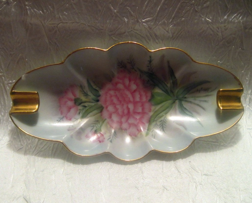 Vintage Porcelain Ashtray Pink Dianthus MG Davis 1961