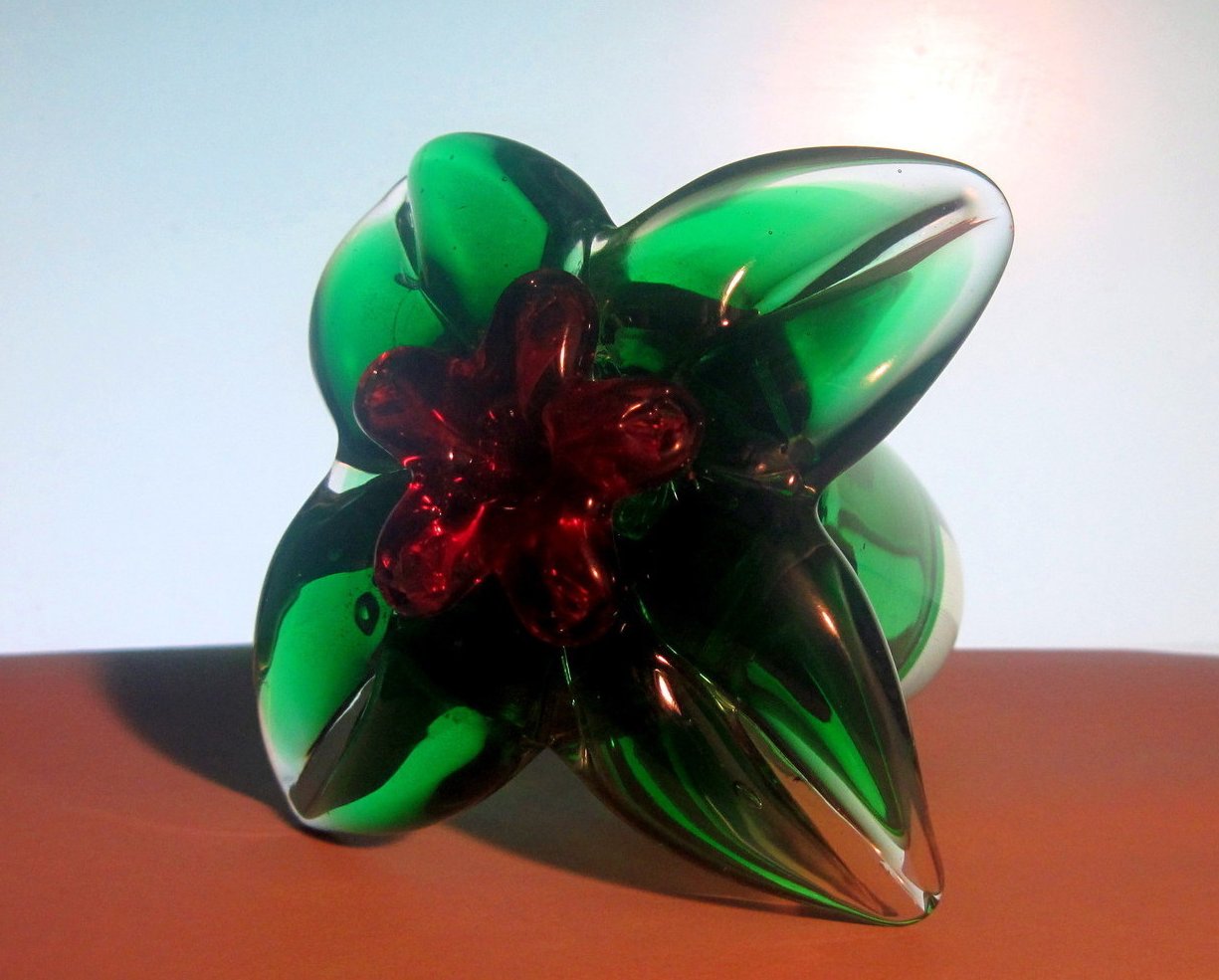 Glass Hummingbird Flower Green Red Heavy Paperweight