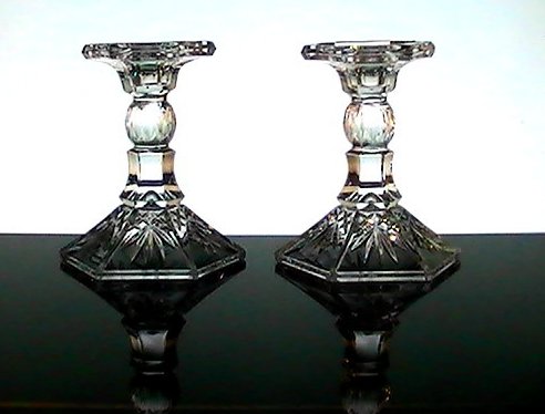 Crystal Candlesticks Heavy Diamonds and Fronds 5.25 inches Set of 2