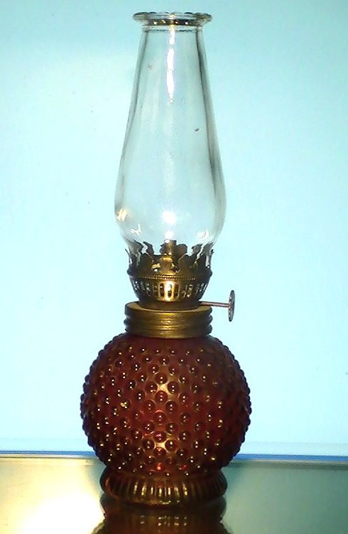 Miniature Oil Lamp Red Hobnail  Base 8.25 x 3 Vintage