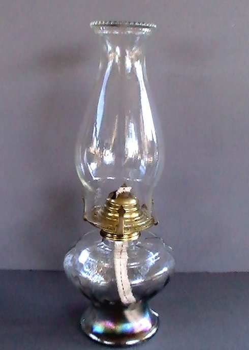 Oil Lamp Iridescent with Milk Bottle Hurricane Shade 14.5 inches