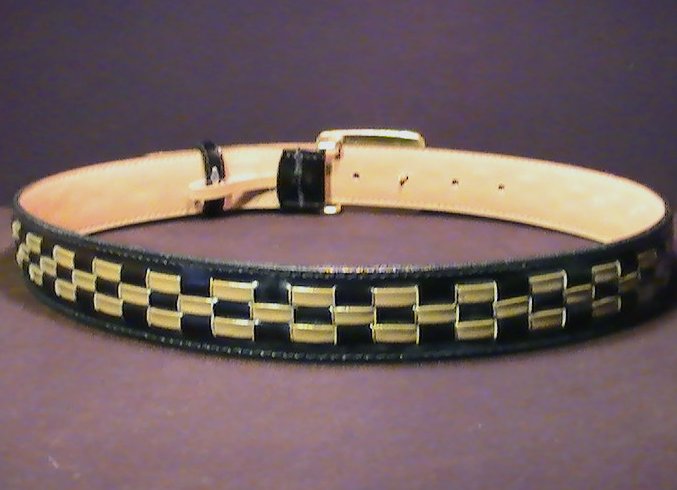 Leather Belt Black Brown Weaved with Gold Buckle Med 5291