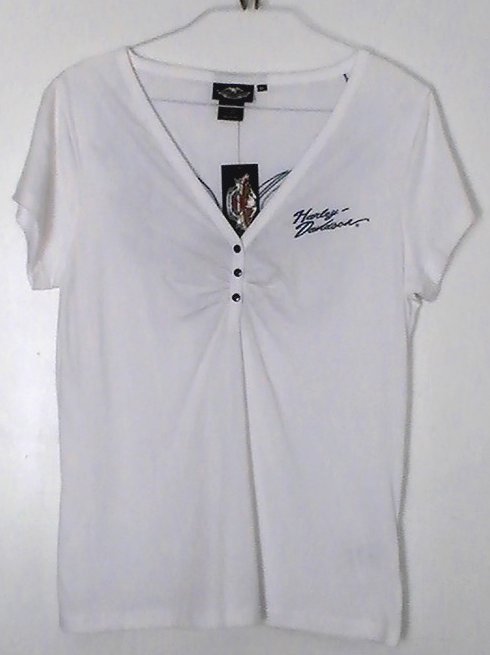 Harley Davidson Ladies Top XL Short Sleeve Embroidered White Blue