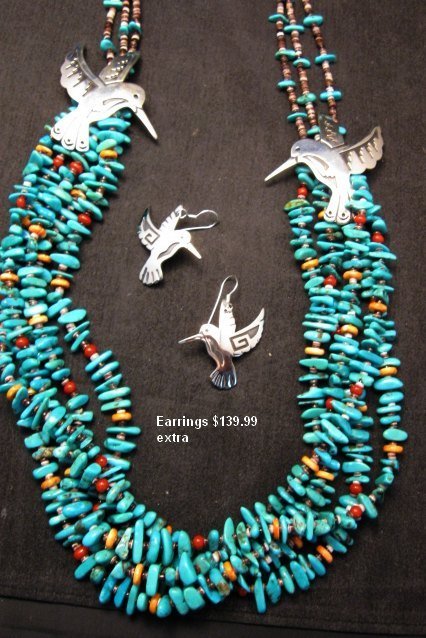 Image 6 of Everett Mary Teller 5 Strand Turquoise & Silver Overlay Hummingbird Necklace