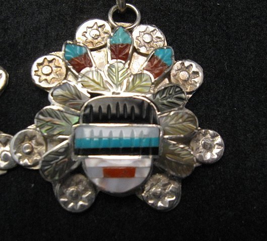 Image 2 of Zuni Inlaid Sunface Headress Silver Earrings, Eldred Martinez