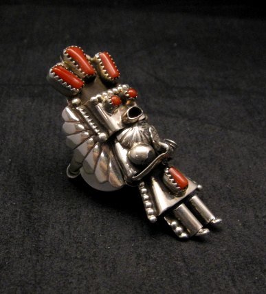 Image 1 of Navajo Coral Sterling Silver Kachina Ring, Doris Smallcanyon - sz8-3/4