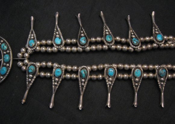 Image 3 of Navajo Old Pawn Turquoise Silver Squash Blossom Necklace