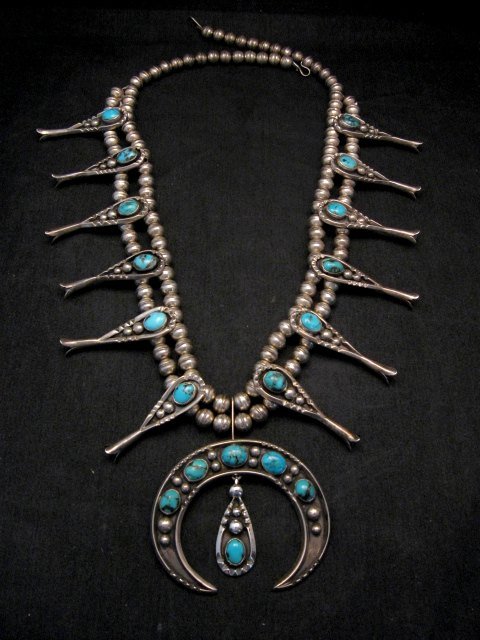 Image 1 of Navajo Old Pawn Turquoise Silver Squash Blossom Necklace