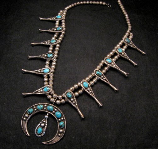 Image 0 of Navajo Old Pawn Turquoise Silver Squash Blossom Necklace