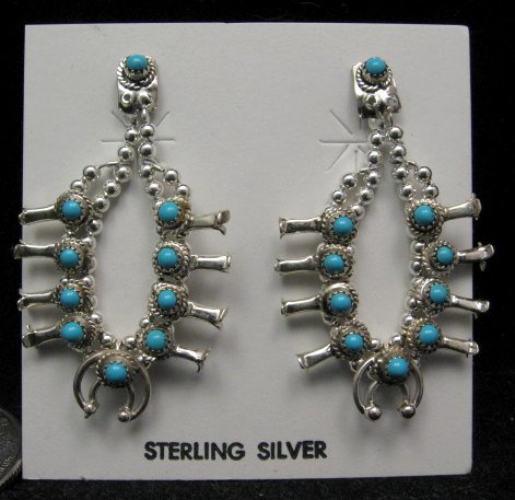 Image 0 of Mini Turquoise Sterling Silver Squash Blossom Earrings, Navajo, Larry Curley