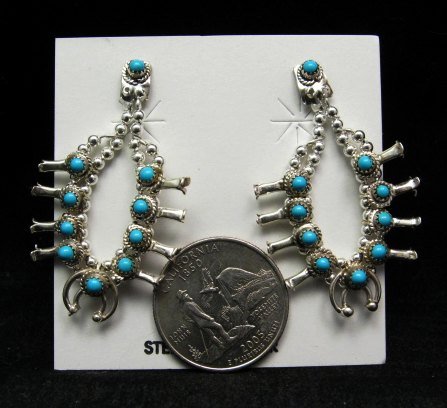 Image 1 of Mini Turquoise Sterling Silver Squash Blossom Earrings, Navajo, Larry Curley