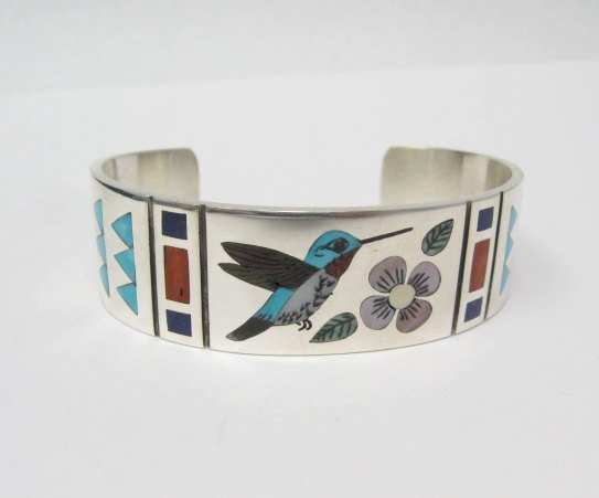 Image 0 of Zuni Jewelry Inlay Hummingbird Silver Bracelet, Ruddell & Nancy Laconsello