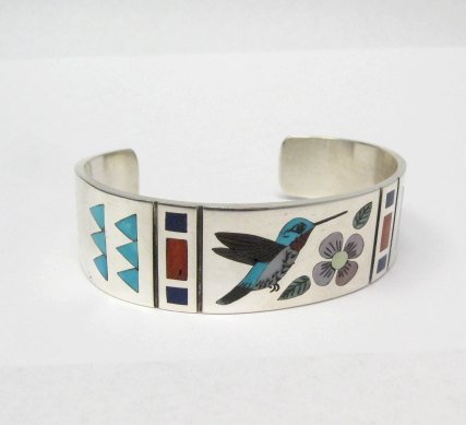 Image 1 of Zuni Jewelry Inlay Hummingbird Silver Bracelet, Ruddell & Nancy Laconsello