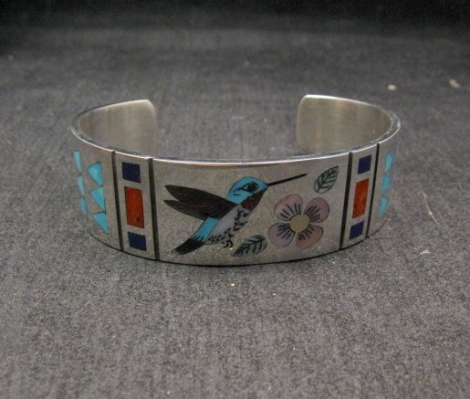 Image 3 of Zuni Jewelry Inlay Hummingbird Silver Bracelet, Ruddell & Nancy Laconsello