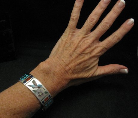Image 5 of Zuni Jewelry Inlay Hummingbird Silver Bracelet, Ruddell & Nancy Laconsello