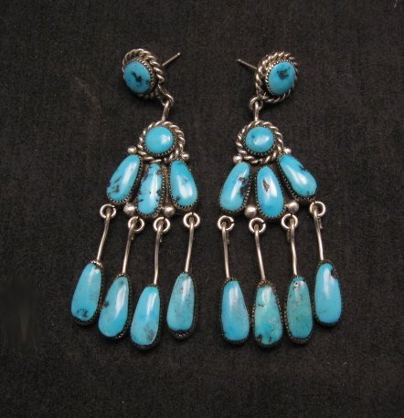 Image 0 of Long Robert & Bernice Leekya Zuni Turquoise Chandelier Earrings