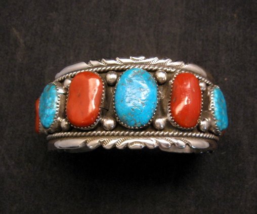 Image 0 of Zuni Indian Turquoise & Coral Sterling Silver Bracelet, Robert & Bernice Leekya