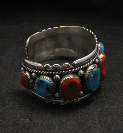 Image 1 of Zuni Indian Turquoise & Coral Sterling Silver Bracelet, Robert & Bernice Leekya