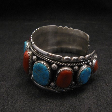 Image 2 of Zuni Indian Turquoise & Coral Sterling Silver Bracelet, Robert & Bernice Leekya