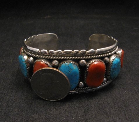 Image 3 of Zuni Indian Turquoise & Coral Sterling Silver Bracelet, Robert & Bernice Leekya
