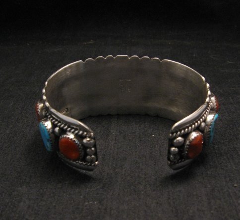 Image 4 of Zuni Indian Turquoise & Coral Sterling Silver Bracelet, Robert & Bernice Leekya