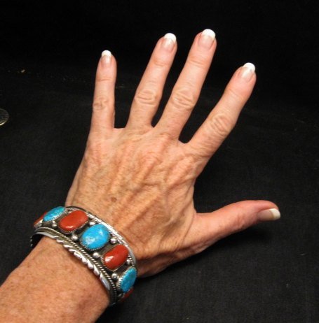 Image 5 of Zuni Indian Turquoise & Coral Sterling Silver Bracelet, Robert & Bernice Leekya
