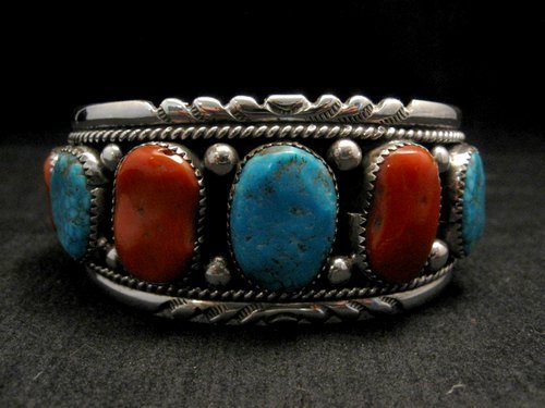 Image 6 of Zuni Indian Turquoise & Coral Sterling Silver Bracelet, Robert & Bernice Leekya