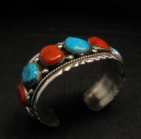 Image 7 of Zuni Indian Turquoise & Coral Sterling Silver Bracelet, Robert & Bernice Leekya