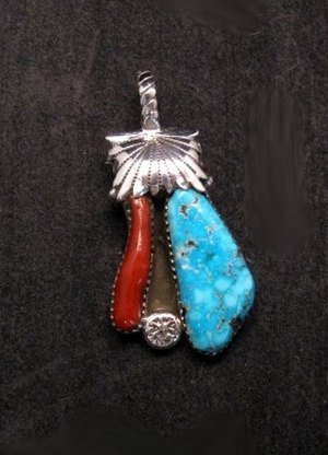 Image 0 of Zuni Robert & Bernice Leekya Turquoise & Coral Silver Pendant