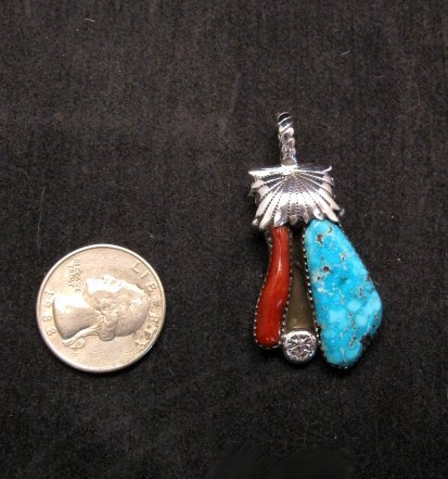 Image 1 of Zuni Robert & Bernice Leekya Turquoise & Coral Silver Pendant