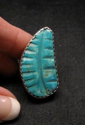 Image 0 of Big Native American Carved Turquoise Silver Ring sz6-1/2