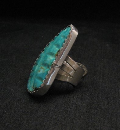Image 1 of Big Native American Carved Turquoise Silver Ring sz6-1/2