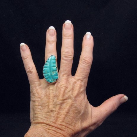 Image 2 of Big Native American Carved Turquoise Silver Ring sz6-1/2