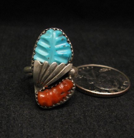 Image 0 of Zuni Native American Carved Turquoise Coral Silver Ring, Loyolita Othole,  sz7